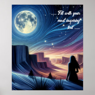 Poster Femme solitaire assise regardant la lune