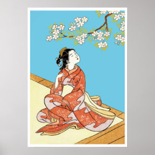 Poster Femme sous les fleurs de cerisier