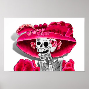 Poster Femme squelette riant en bonnet rouge