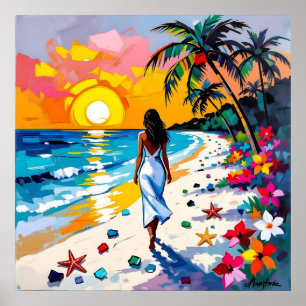 Poster Femme sur la scène de plage tropicale