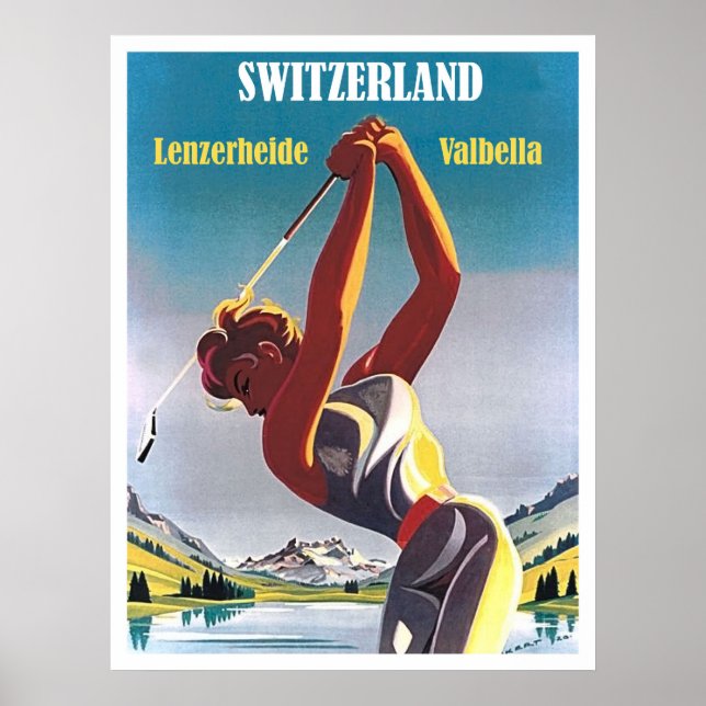 Poster Femme sur le golf en Suisse, Lenzerheide, Valbella (Devant)