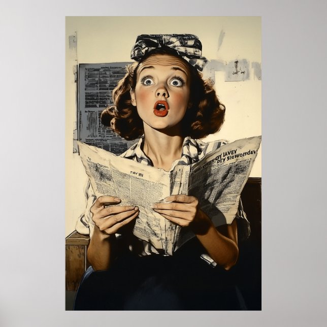 Poster Femme surprise à lire le journal (Devant)