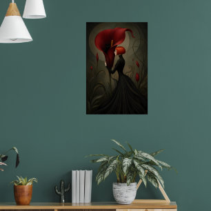 Poster Femme Surréaliste Lys calla Rouge Chat Noir Gothiq