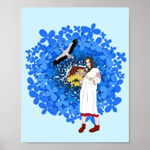 Poster Femme ukrainienne, cigogne et fleurs