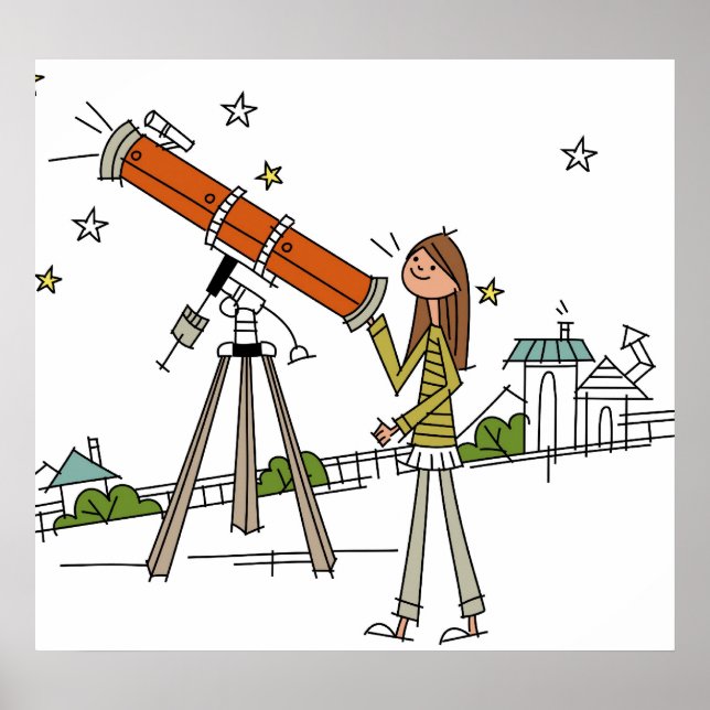 Poster Femme utilisant un télescope astronomique (Devant)