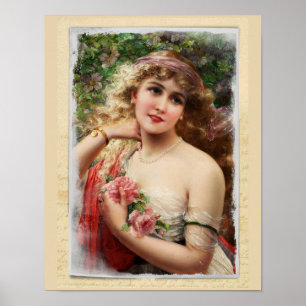 Poster Femme victorienne aux roses roses romantiques