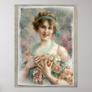Poster Femme victorienne avec Rose sur Arrière - plan aqu