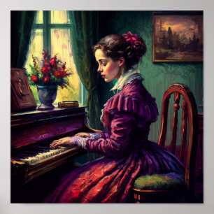 Poster Femme victorienne jouant du piano, peinture à l'hu