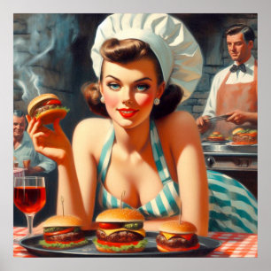 Poster Femme vintage Burger BBQ