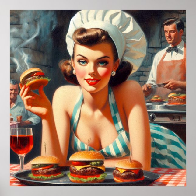 Poster Femme vintage Burger BBQ (Devant)