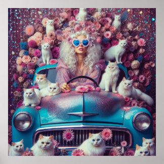 Poster Femme vintage rétro avec chats blancs