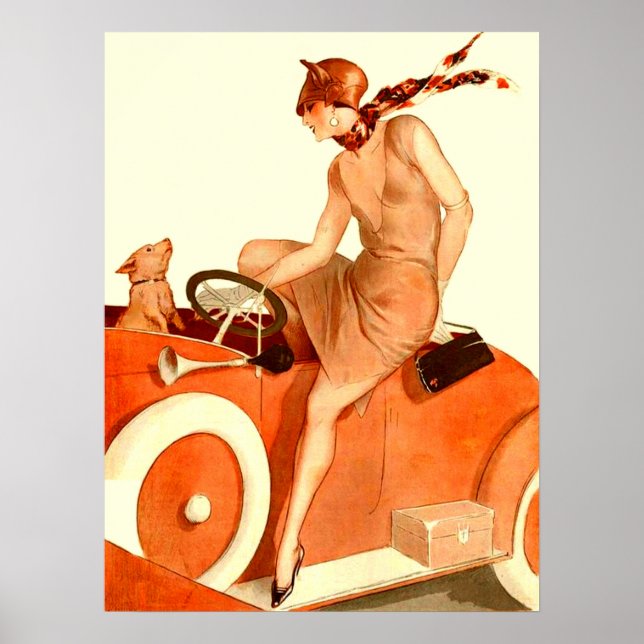 Poster Femme, voiture et chien des années 1920 (Devant)