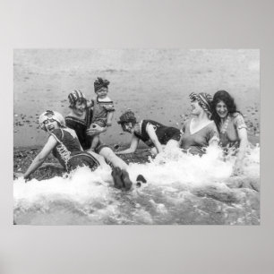 Poster Femmes à la plage, noir et blanc, Vieux photo Vint