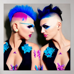 Poster Femmes avec Mohawks noirs, roses et bleus