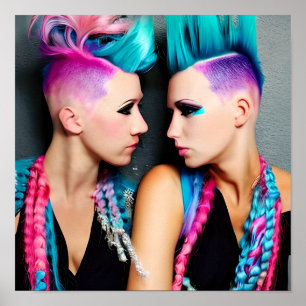 Poster Femmes avec Mohawks rose et bleu