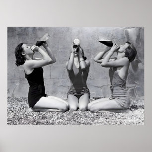 Poster Femmes Boire du vin, noir et blanc Vintage