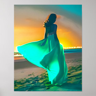 Poster Femmes en bleu turquoise sur une plage de nuit Imp
