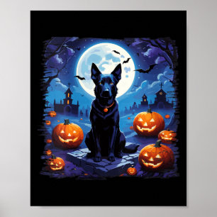 Poster Femmes Halloween Chien Noir Sous La Lune D'automne