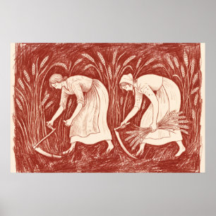 Poster Femmes moissonnant du blé avec des faucilles Linog