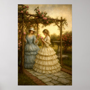 Poster Femmes sous une tonnelle de roses dans un jardin d