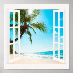 Poster Fenêtre avec Plage et Ocean tailles personnalisées
