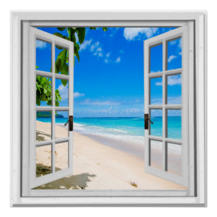 Poster Fenêtre bleue de faux de vue d'océan de mer