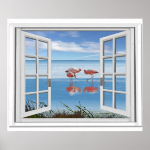 Poster Fenêtre de faux de vue d'océan avec des Flamants