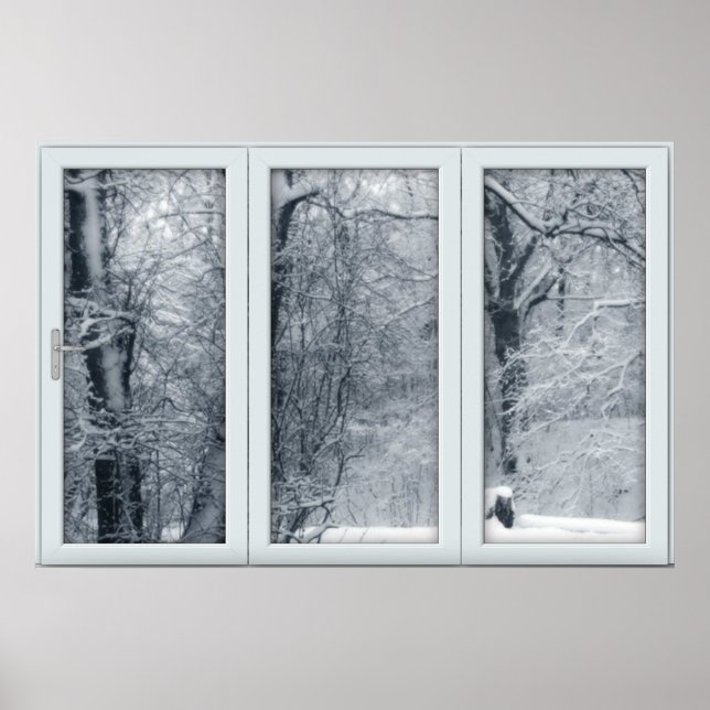 Poster Fenêtre de neige fraîche hiver avec vue (Devant)