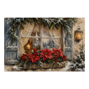 Poster Fenêtre de Noël au poinsettia enneigé