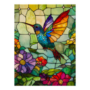 Poster Fenêtre de style Tiffany pour colibri