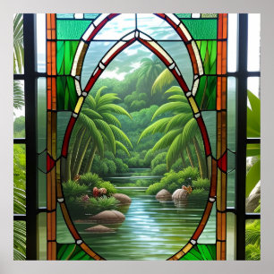 Poster Fenêtre de verre colorée scène naturelle