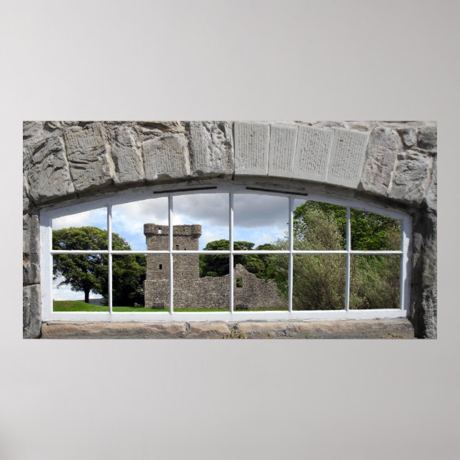 Poster Fenêtre en arc avec vue sur le château écossais (Devant)