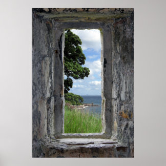 Poster Fenêtre en pierre avec vue mer