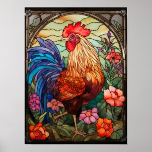 Poster Fenêtre en verre coloré de coq Ferme colorée Maiso
