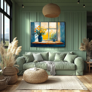 Poster Fenêtre ensoleillée fauviste avec fleurs – maison 