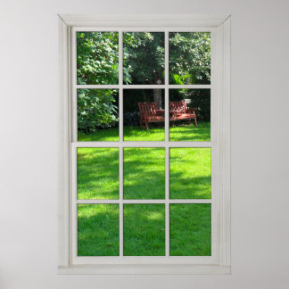 Poster Fenêtre fausse - Cadre en bois blanc - Vue Jardin