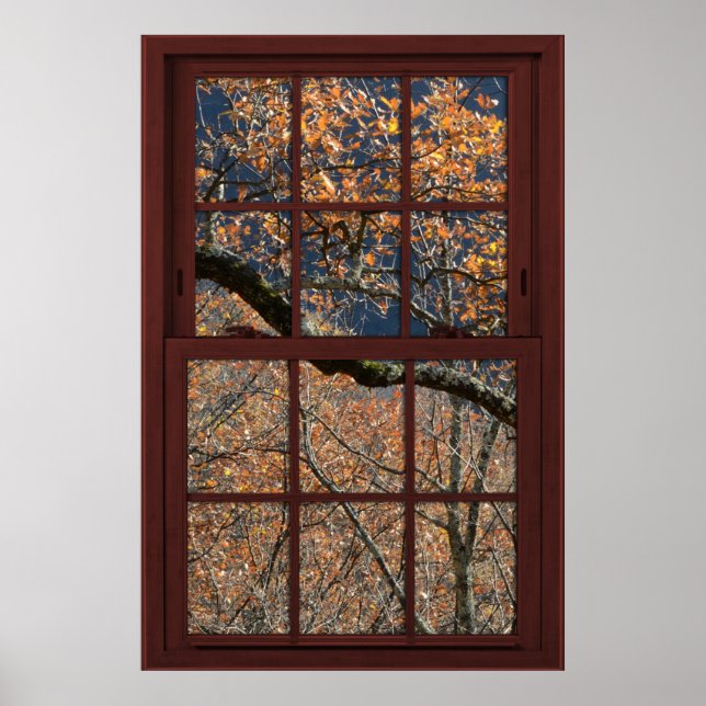 Poster Fenêtre Faux bois cerise Feuilles d'automne Vue 1  (Devant)