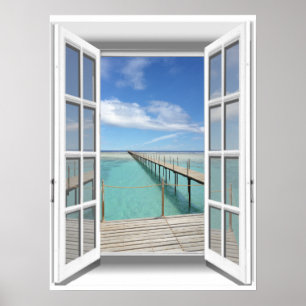 Poster Fenêtre Faux de vue 3D Boardwalk Ocean