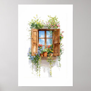 Poster Fenêtre Florale Rustique – Style Cottage