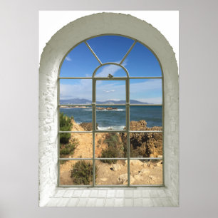 Poster Fenêtre incurvée de vue d'océan de plage rocheuse