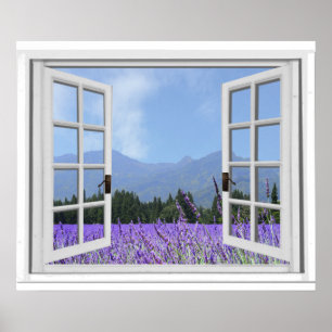 Poster Fenêtre pourpre de faux de vue de jardin de pré de