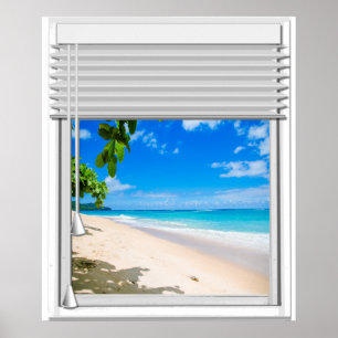 Poster Fenêtre tropicale de Faux de vue d'océan avec des