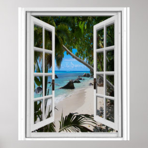 Poster Fenêtre tropicale secrète de faux de vue de plage