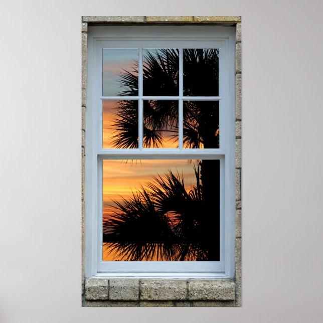 Poster Fenêtre vue Arbre de palmiers Sunrise Imprimer (Devant)