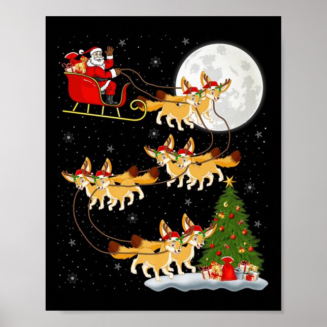 Poster Fennec Fox Santa Sleigh Flying Funny Magical Chris (Devant)