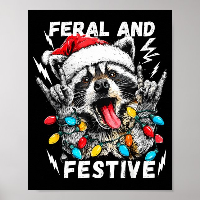 Poster Feral And Festive Funny Christmas Rocker Raccoon S (Devant)