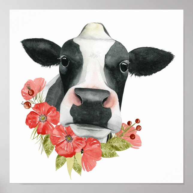 Poster Ferme à pavot - Vache aux fleurs (Devant)