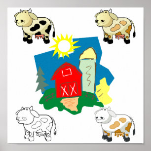 Poster Ferme Abstraite et vaches de dessin animé