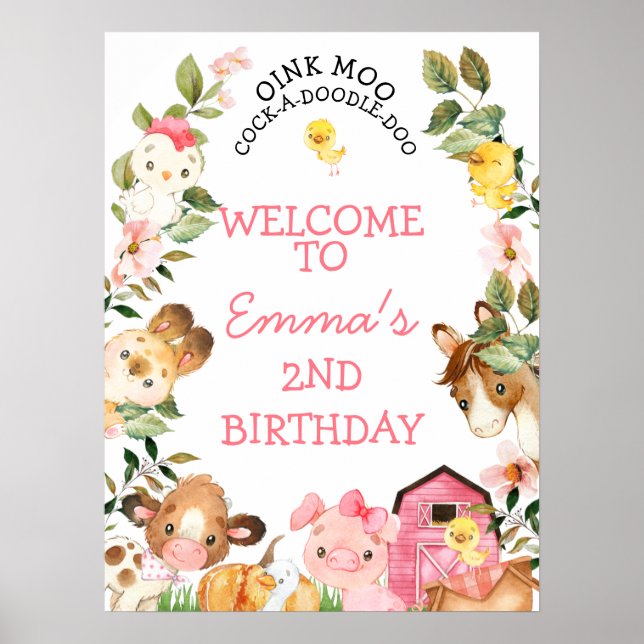 Poster Ferme Animaux Grange Rose Accueil Anniversaire (Devant)