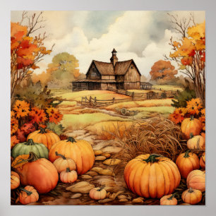 Poster Ferme citrouille automne récolte Thanksgiving